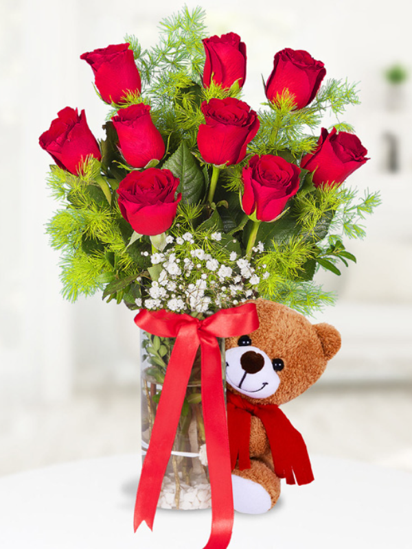  Alanya online çiçek - Vazoda 9 Gül Ayıcık